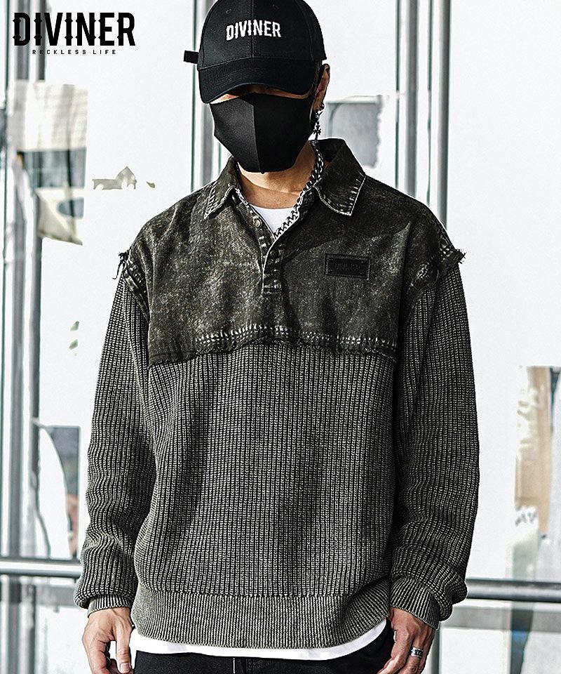 Dirty Switching Knit Polo Shirt(カーキ)
