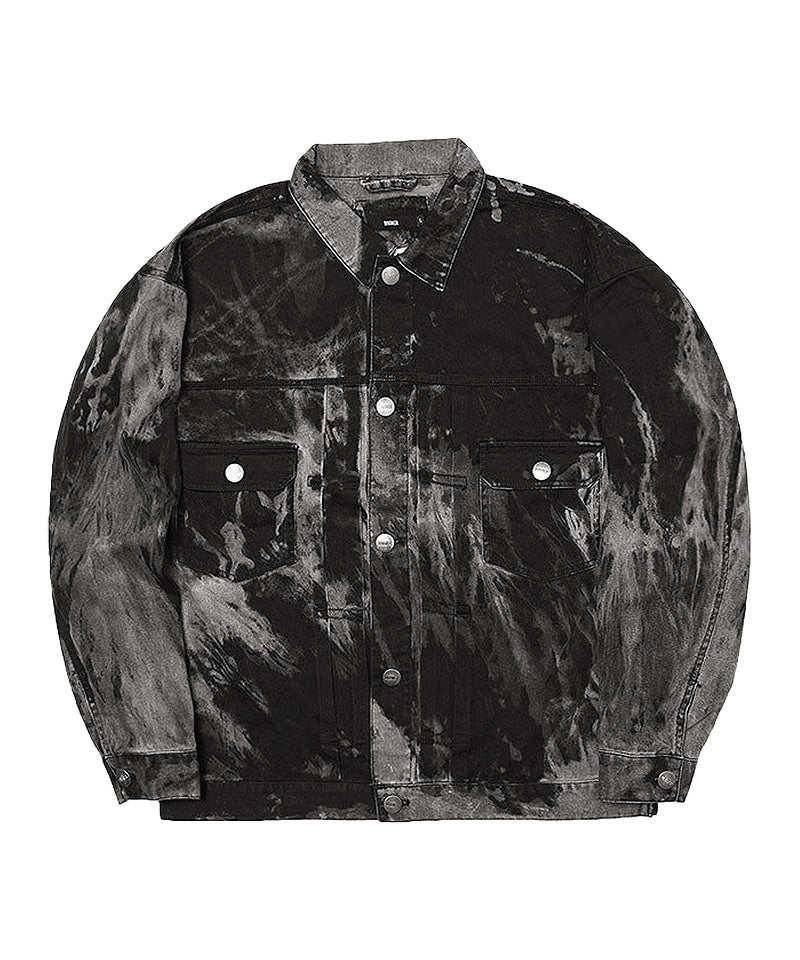 Erosion Denim Jacket。独特のムラ染めグラデーション加工を施したメンズデニムジャケット正面置き画。