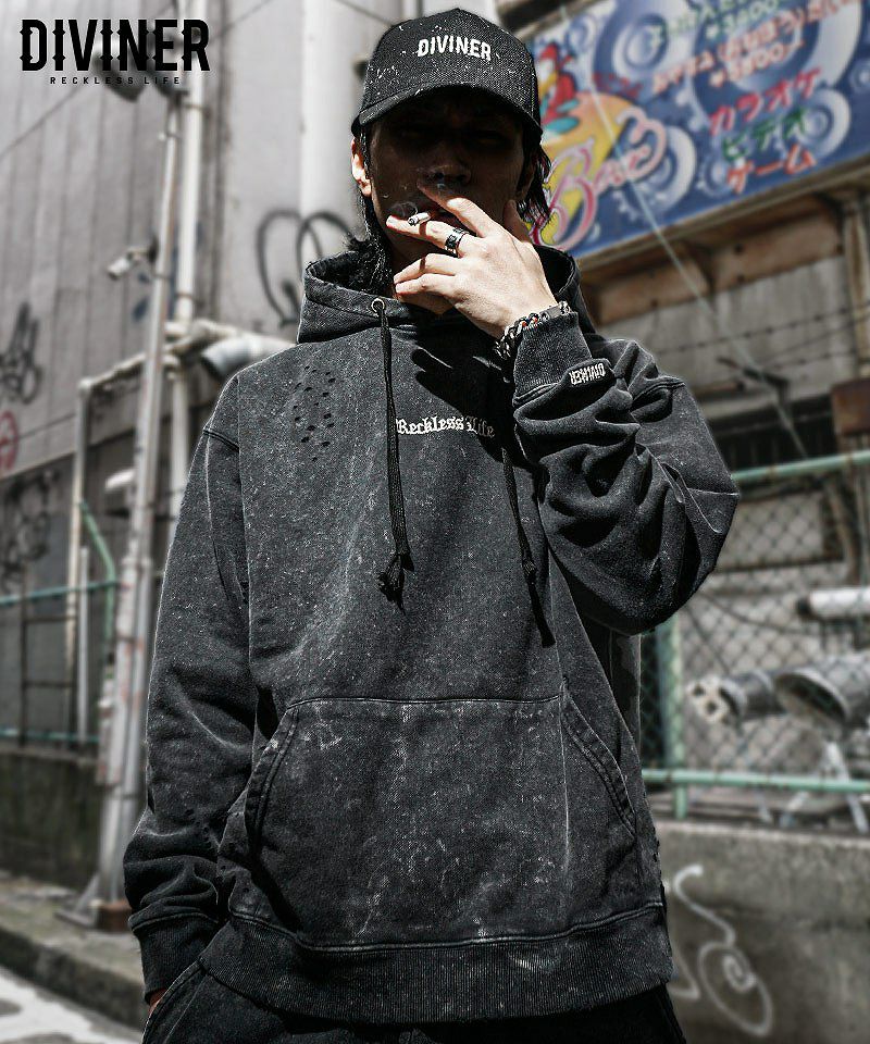 ウォーキング・ランニングウェア DAstyle black letter sweat BlackLetter】Dirty Embroidery Hoodie(ブラック) トップス｜【公式