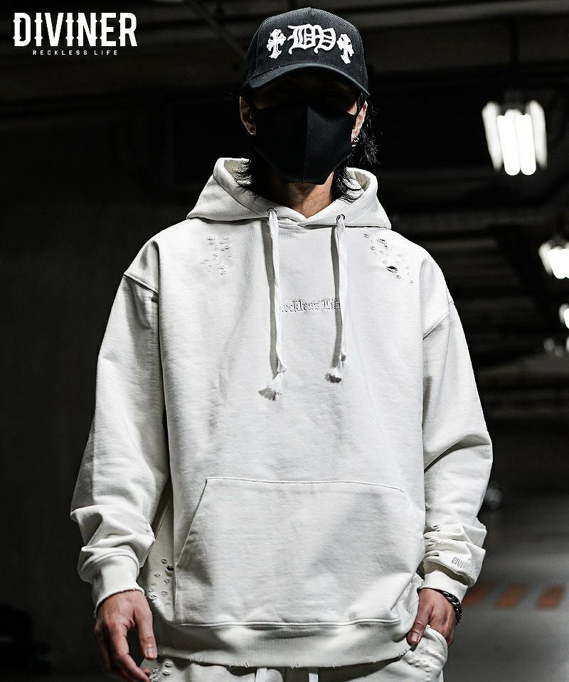DIVINER ディバイナーDirty Embroidery Hoodie　白M パーカー | 【公式DIVINER（ディバイナー）】