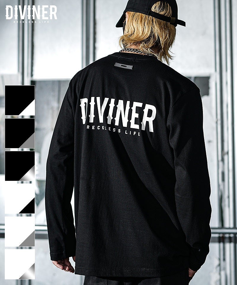 DIVINERのメンズ長袖Tシャツ。背面のロゴバックプリントと胸元のワンポイントが映える黒ロンT。