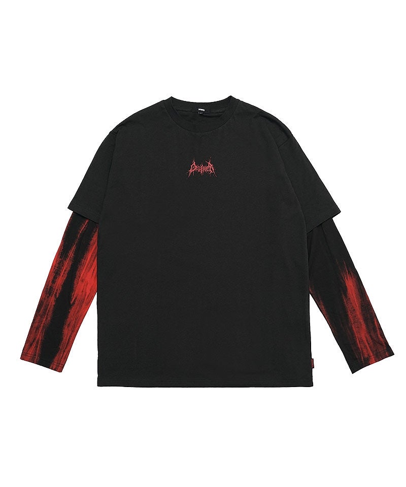 Dirty Death Verge L/TEE(ブラック/レッド)。赤のプリントと袖柄が映えるメンズフェイクレイヤードロンT正面置き画。