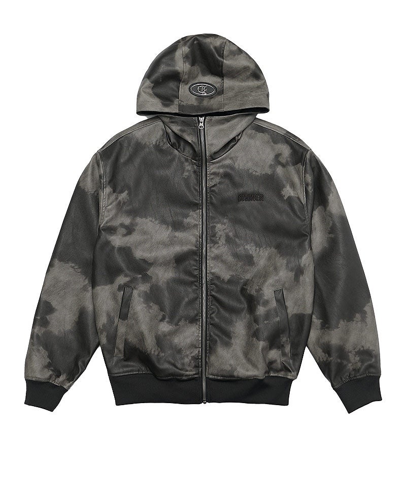 Dirty Ascension Leather Hood Jacket。味のあるヴィンテージ加工を施した黒レザージャケットの正面平置き画像。